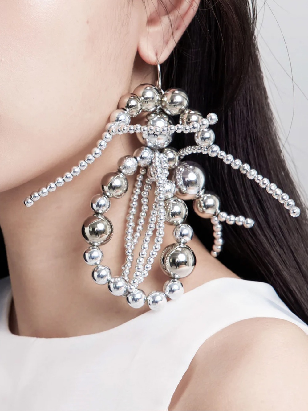 Susan Fang Silver Beaded Bubble Metallic Leaf Earrings NEW
